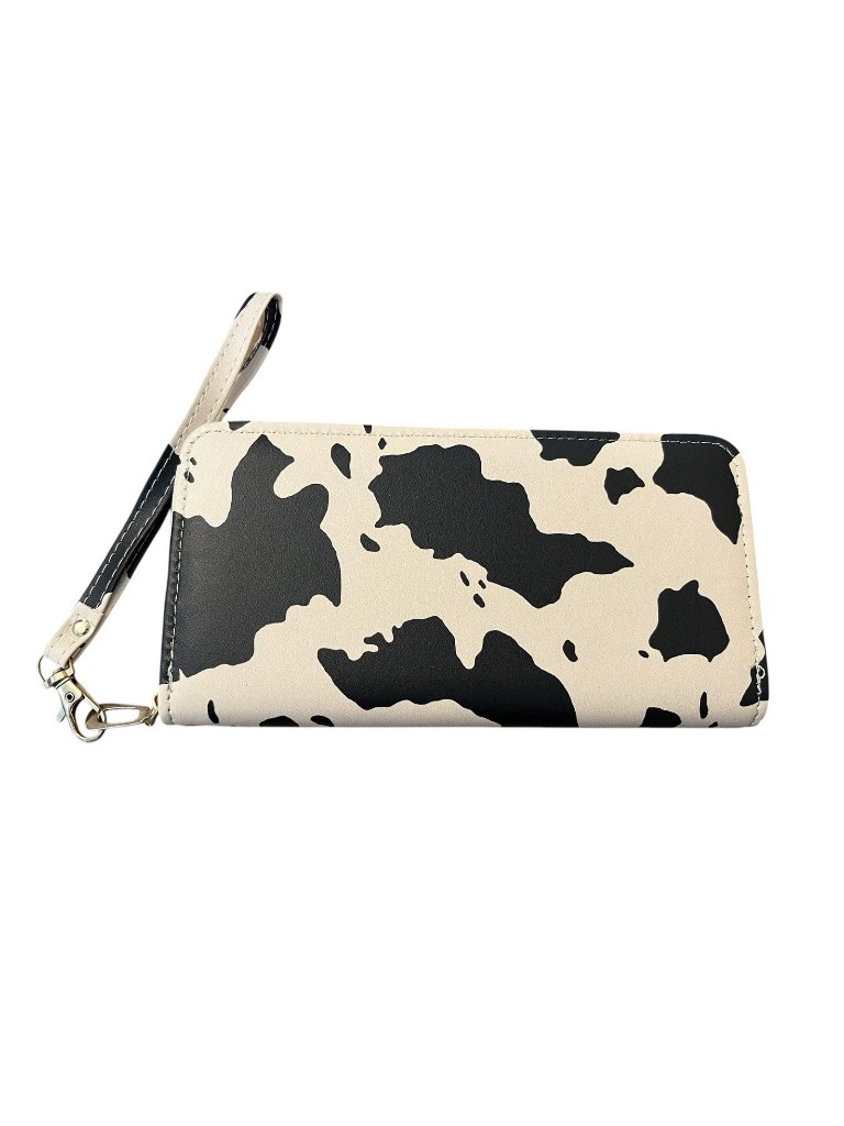 Cow Print Faux Leather Zip Around Full Size Wallet W Wristlet Strap New